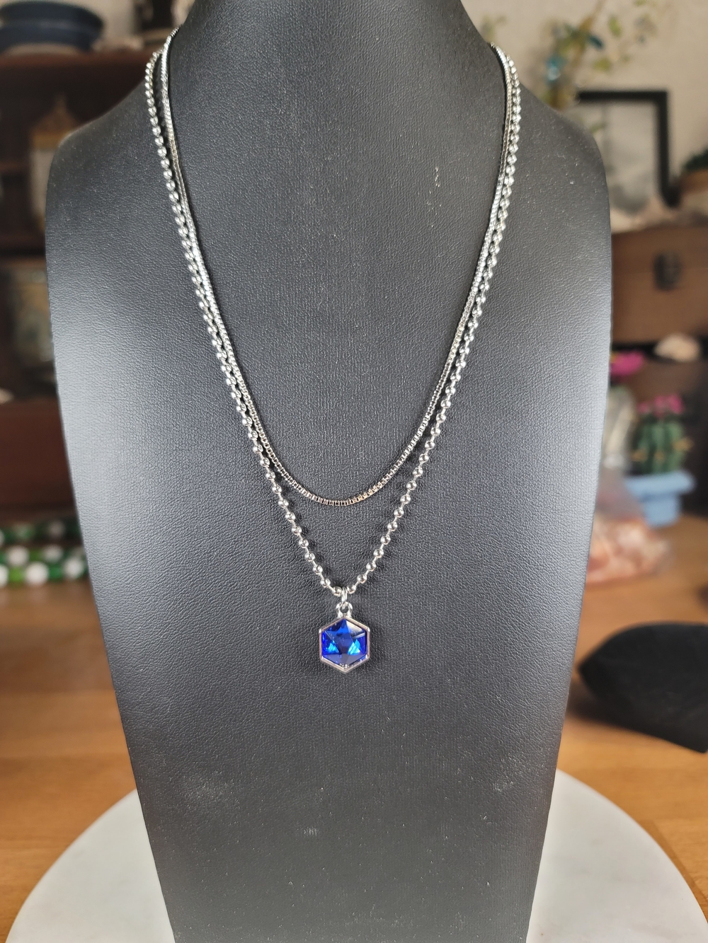 paparazzi Silver Double-Layer Necklace with Blue Hexagon Pendant